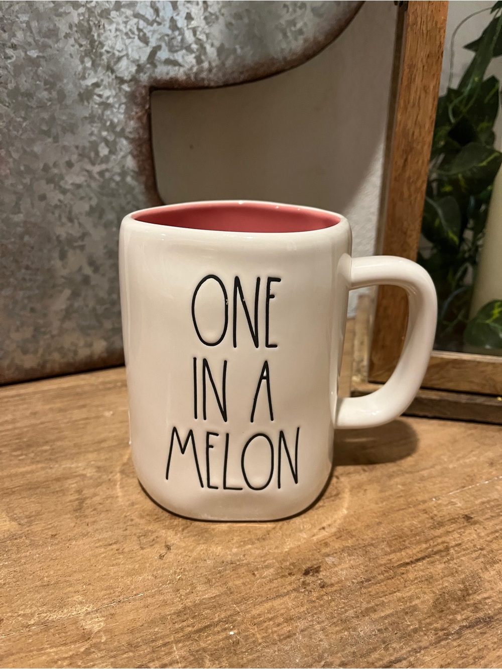 Rae Dunn White Ceramic Mug with Pink Interior - "One In A Melon"